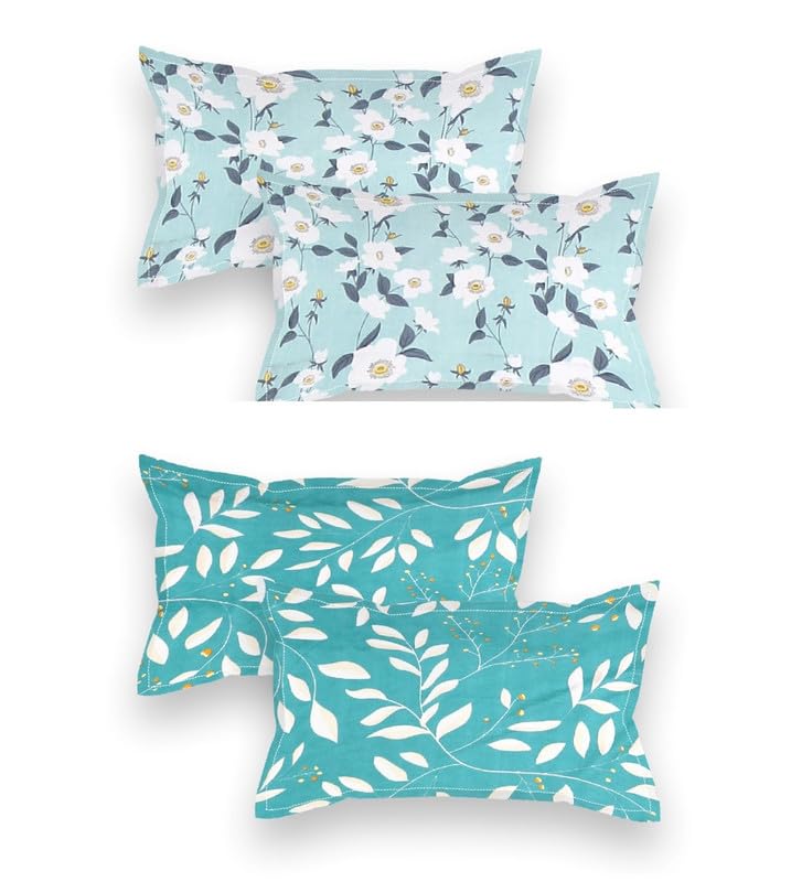 Present Designer Printed 4 Piece 100% Pure Cotton Pillow Cover Set- 20" X30" Inches, King Size - Aqua and White-image-21