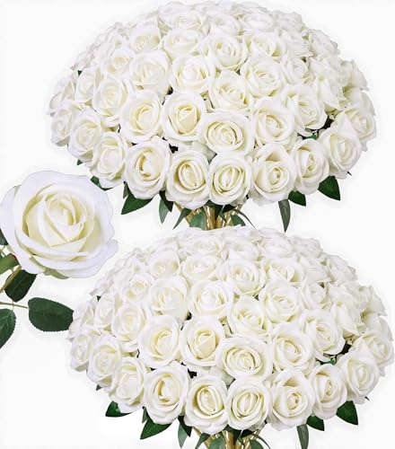 Image of 50 PCS Ivory Roses Artificial Flowers, Fake Roses with Stem Realistic Silk Roses for DIY Wedding Bouquets Tables Centerpieces Arrangements Baby Shower Birthday Home Decor Valentine's Day Gift for Her