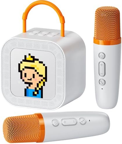 Kinglucky [New 2025] All-in-One Kids Audio Player, No Wi-Fi or Cards Needed, Built-in Stories, White Noise, Pixel Display, 2 Mics & Bluetooth, Screen for Toddlers & Girls (Gray-Orange)