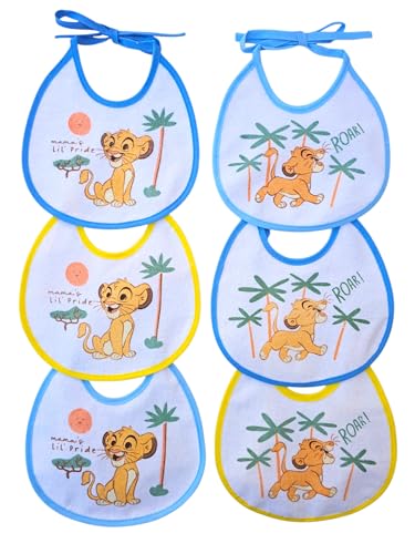 Ellepi Bavaglini Neonato Disney 6 Pezzi 100% Cotone con Retro Impermeabile – Bavaglie Pappa con Lacci 18x18 cm Simba Ariel Aurora – Set Bavaglini Assorbenti Bambino Bambina (Simba)