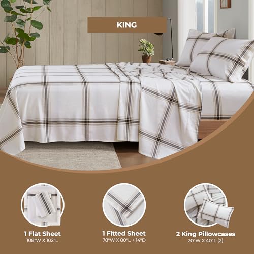 Image of Woolrich Cotton Sheet Set Cottage Charms Print, 100% Cotton Flannel Sheets Warm & Fuzzy Bedding Set King Size Sheets, Fitted Pocket Fits Up to 14 inch Mattress, King Tan Plaid 4 Piece