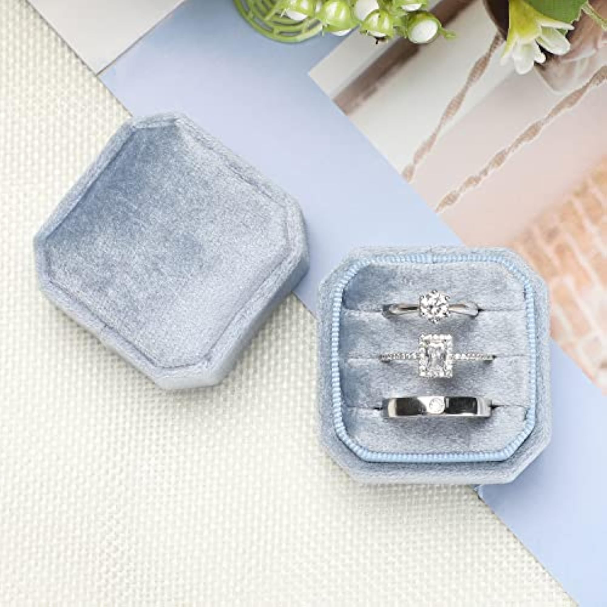 Velvet Ring Box with 3 Slots, Octagon Design