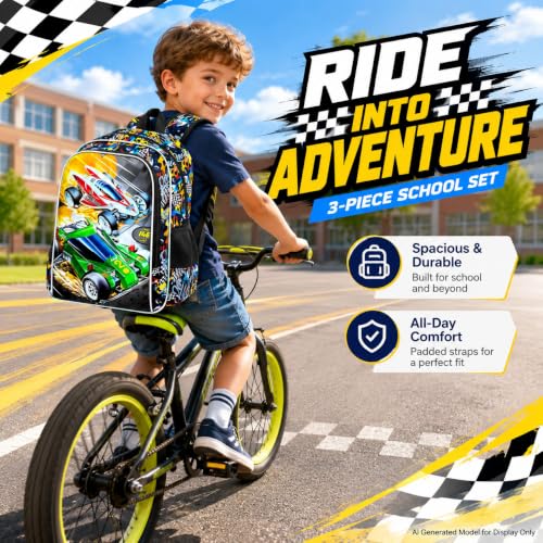 Image of WZLVO 3PCS Race Car Preschool Backpack, 16 inch Cool UV Printing Boys Bookbag /School Bag with Lunch Box & Pencil Bag for Elementary - 2 * Race Car