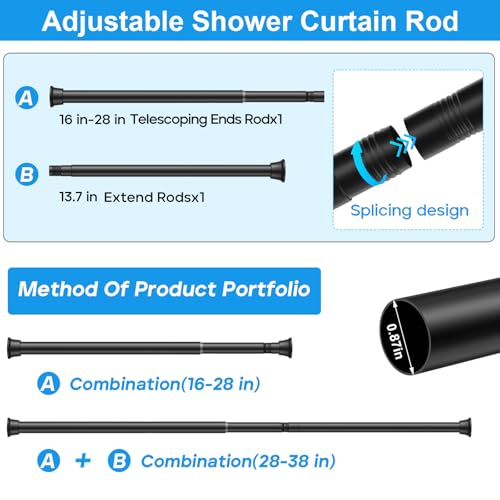 Image of MEXAU 2 Pack Black Spring Tension Curtain Rods 16-37 Inch Small Shower Rod