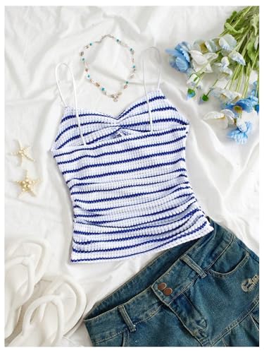 MakeMeChic Women's Striped Cami Top Ruched Spaghetti Strap V Neck Crop Tank Top2