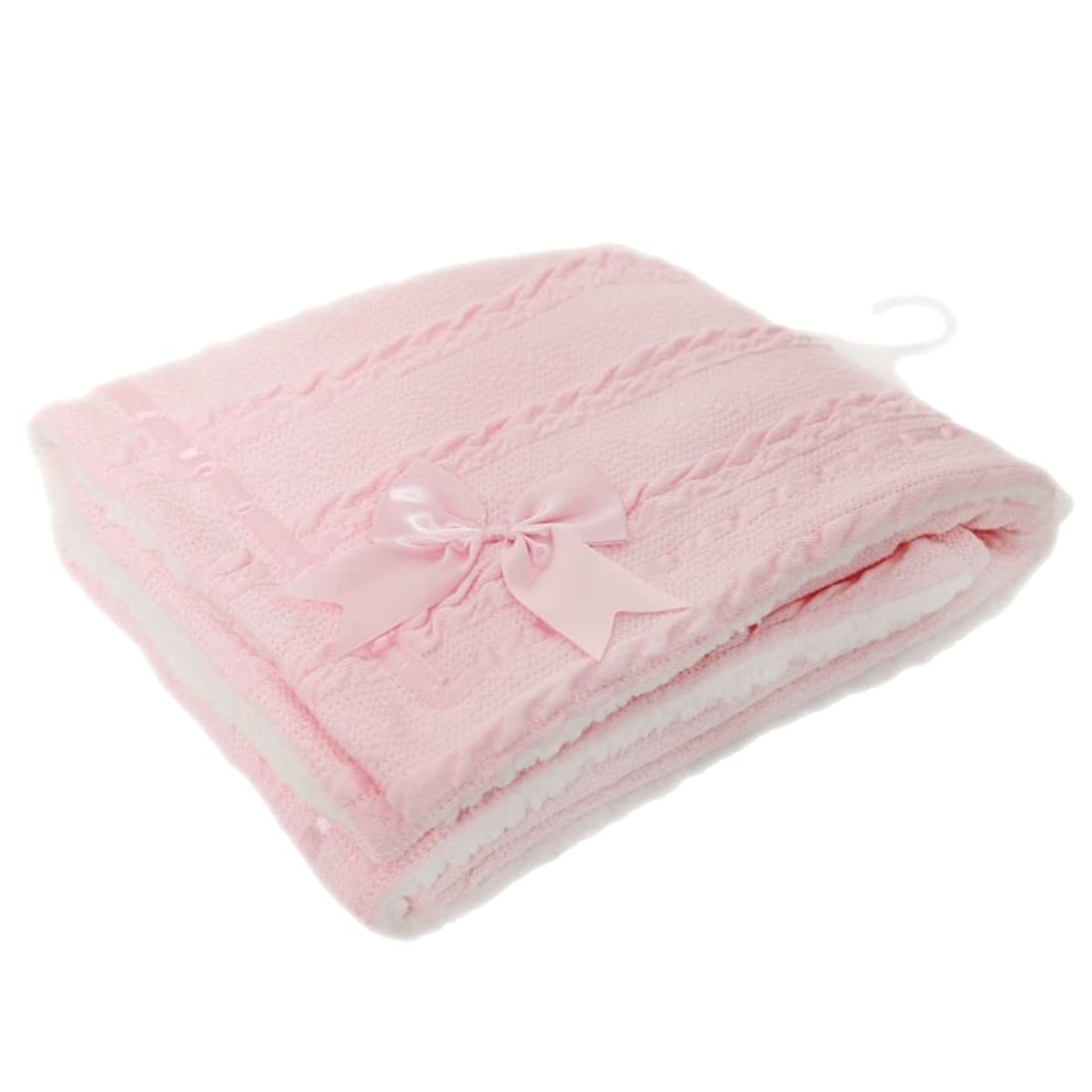 Gum & Berries Baby Wrap Chevron Cable Knit Satin Bow Soft Sherpa Back Pram Blanket Soft Touch Pink 75 cm x 90 cm