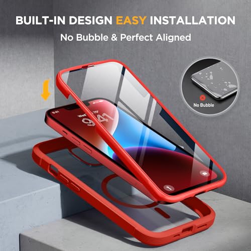 Image of Miracase Glass Series Designed for iPhone 14 Plus Case 6.7 inch, 2023 Upgrade Full-Body Magnetic Clear Case with Built-in 9H Tempered Glass Screen Protector,Compatible with MagSafe, Red