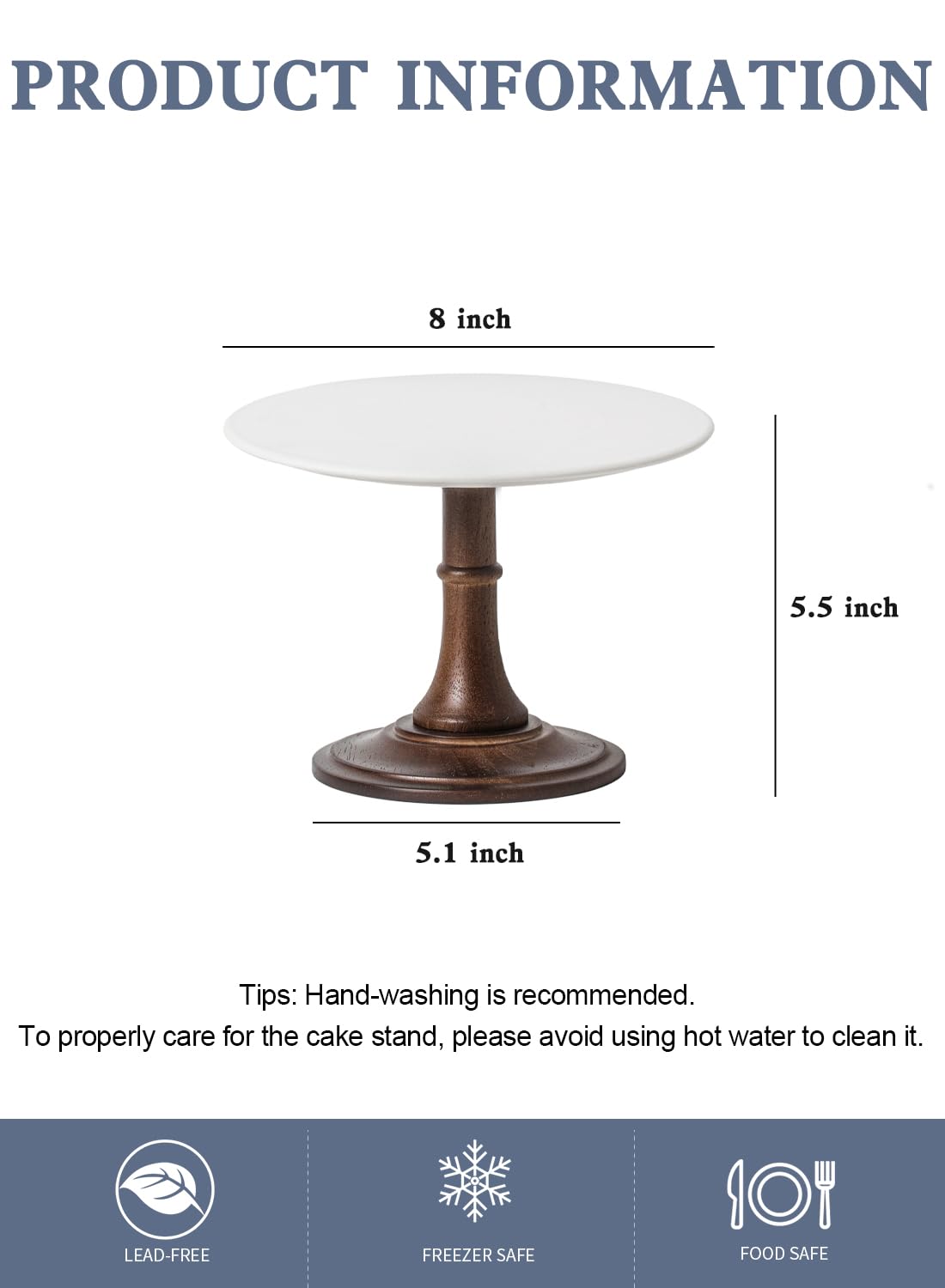 Kanwone 8-Inch Ceramic Cake Plate with Acacia Wood Stand, Round White Cake Stand for Party and Home Decorating