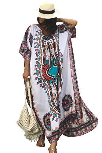 FSMO Damen Elegante Strandponcho Ethnischer Druck Lose Kaftan Smock Sommer Maxikleid