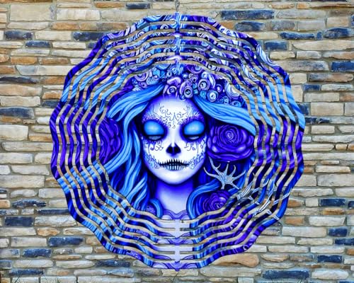10 Inch Blue Day of The Dead Sugar Skull Wind Spinner Yard Decor Aluminum Sublimated Garden Art Indoor Outdoor 3D Kinetic RWS-166