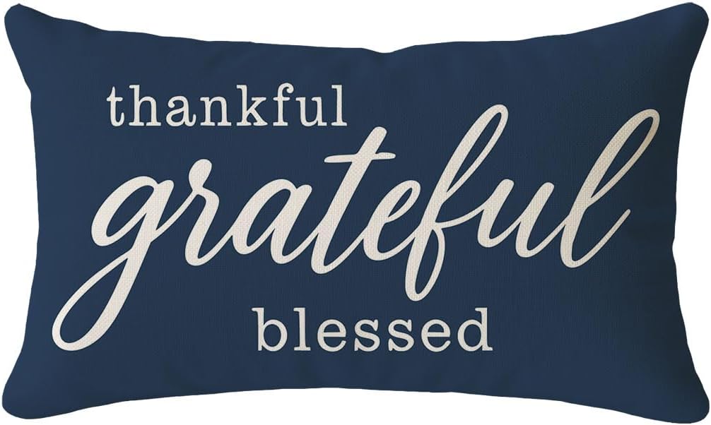 PANDICORN Decorative Throw Pillow Covers 12x20 Inch, Grateful Thankful Blessed Navy Blue Outdoor Coastal Thanksgiving Lumbar Cushion Case Decorations Home Decor for Bedroom Living Room Sofa Couch