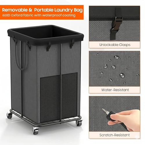 Image of 150L Laundry Hamper with Wheels, Rolling Laundry Basket with Metal Frame and Removable Bag, Large & Tall Dirty Clothes Hampers for Bedroom Aesthetic, Laundry Room, Bathroom, Dorm-Grey