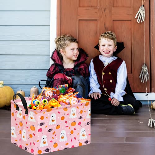 Image of Halloween Storage Basket Home Shelf Basket Rectangle Organizer Box Clothes Laundry Hamper Nursery Bin Gift Laundry Basket with Handles(Pink Cute Ghost Pumpkin)