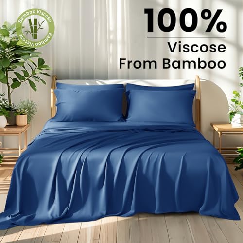 Shilucheng 100% Viscose Derived from Bamboo_ Sheets King Size 6pcs - Ultra Cooling & Silky Soft Bed Sheets, 16" Deep Pocket, Perfect for Hot Sleepers, Hotel Bedding Sheets (Navy Blue)