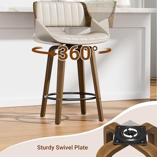 Image of YaFiti Bar Stools Set of 4, 26 inch Swivel Counter Height Barstools with Bentwood Back and Legs, Mid Century Modern Upholstered Faux Leather Counter Stools for Kitchen Island, Dining Room, Cream White