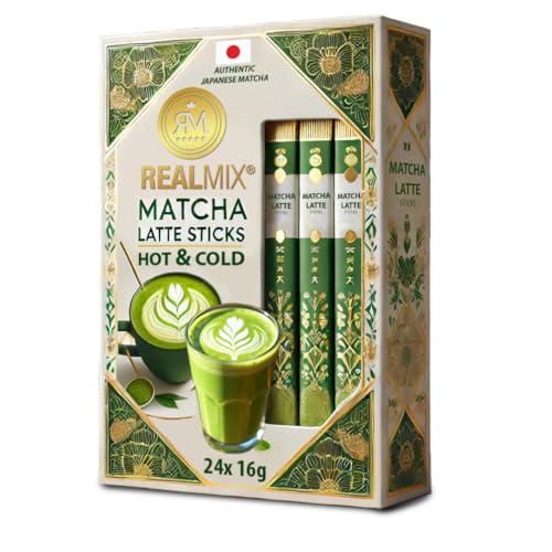 REALMIX Authentischer Japanischer Matcha – Cremige Latte-Sticks, Grüner Tee, 24 Sticks à 16 g, Heiß- oder Kaltgetränk – Genussvolle und Zen-Erfahrung (24 Stäbchen) REALMIX Authentischer Japanischer Matcha – Cremige Latte-Sticks, Grüner Tee, 24 Sticks à 16 g, Heiß- oder Kaltgetränk – Genussvolle und Zen-Erfahrung (24 Stäbchen)
