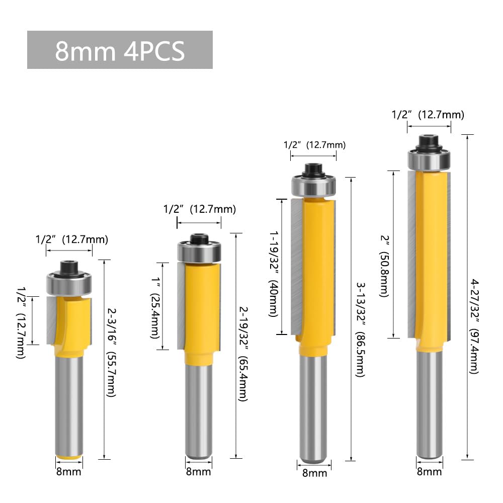 1pc 8mm Shank frez długie ostrze Flush Trim łożysko szablon z drewna wzór bity węglik wolframu narzędzia do obróbki drewna frez(4pcs set)