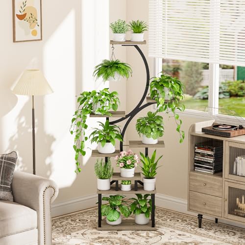 Image of Plant Stand with Grow Lights for Indoor Plants, 8-Tiered Tall Corner Plant Shelf with Full Spectrum Light, S-Shaped Space-Saving Narrow Flower Holder, Anti-Tip for Living Room Bedroom Office, Grey
