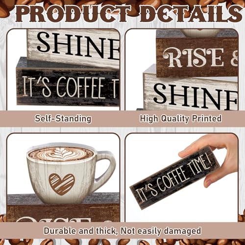 Image of Moucuny 4 Pcs Farmhouse Coffee Bar Sign Decor Wooden Cup Rise & Shine It's Coffee Time Rustic Wood Cafe Sign Gift for Home Kitchen Tabletop Decor