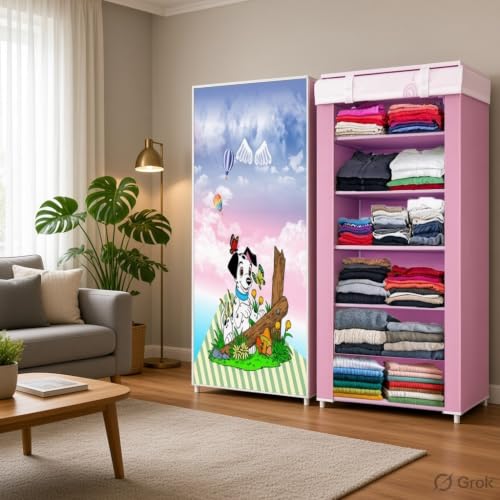 Image of CMerchants Portable Collapsible Wardrobe for Clothes Storage - Foldable Cloth Organizer Cupboard with Shelves for Bedroom & Home (Durable, Space Saving Design) (Dotted Puppy Print, 6-Layer)