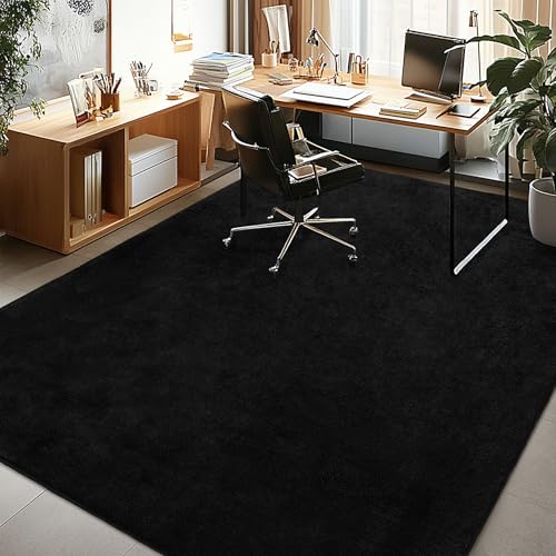 Image of Large Modern Area Rugs for Living Room Bedroom, 6x9 Feet Black Ultra Soft Thickened Memory-Foam Indoor Rug, Comfy Aesthetic Solid Minimalist Carpets for Girls Boys Nursery Dorm Home Decor