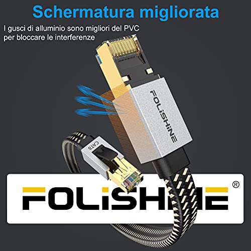 Folishine Cavo Ethernet Cat8 3M, cavo patch Lan intrecciato in nylon ad alta velocità, cavo piatto schermato RJ45 40Gbps 2000Mhz, per modem/router/switch, più veloce di Cat5e/Cat6/Cat7