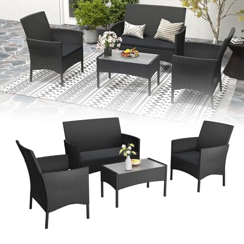 UISEBRT Muebles de jardín de polirratán para 4 personas, incluye 1 sofá doble, 2 sofás individuales, 1 mesa con placa de cristal y cojín de asiento, salón exterior, resistente a la intemperie, muebles