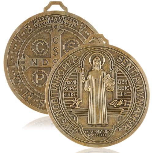 Landical 2 Pcs 5 Inch St Benedict Medals Extra Large Metal Saint Pendant Christmas Vintage Gold Tone Finish Saint Benedict Protection for Door Wall or Desk Display Art Decor Gifts