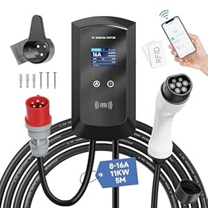 Afyeev EV Oplader CEE 11kW, 3-Fase, 5m, 8-16A dé EV-lader Type 2, Mobiel Laadstation/Wallbox Laadkabel Type 2 met Digitale LCD bediening voor ID.3/4/5, e-up, e-tron, Model Y/3