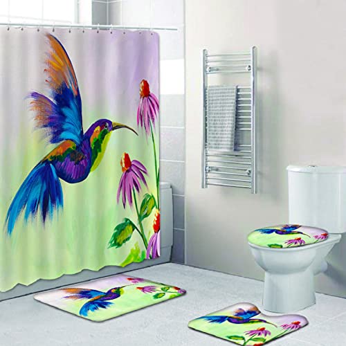 Duschvorhang Cyan Purple Bird Badezimmerteppich 4-Teiliges Set, Duschvorhang 180x180 Polyester+Badematte rutschfeste…