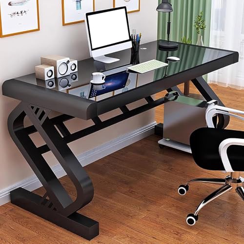 Modern Glass Top Computer Desk,Z-Shaped Metal Frame Gaming and Office Desk Sturdy Writing Workstation for Home Office(Black)
