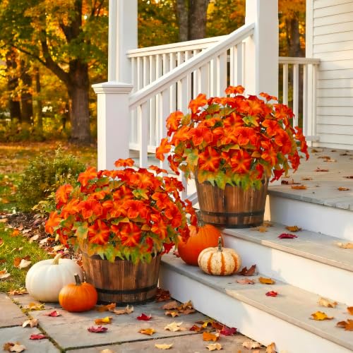 Image of Bassion Artificial Fall Flowers for Outdoor Decoration, 4 Pcs Fake Petunias | UV resistant, silk flowers, realistic faux morning glory plants, window box planters porch garden home autumn outdoor decor