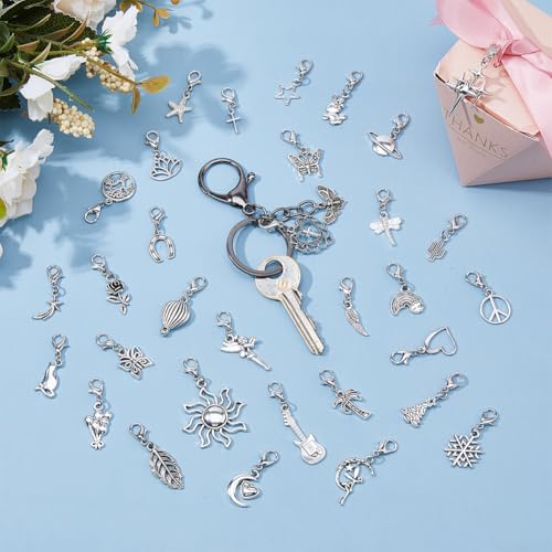 DICOSMETIC 32Pcs Alloy Clip On Bracelet Charms Assorted Dangle Charms with Clasps Jewelry Accessories for DIY Earrings Necklace Crafts Decoration Antique Silver & Platinum - Image 4