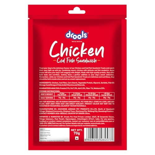 Image of Drools Cod Fish Sandwich Dog Treat, 70 g | Made with Real Chicken & Cod Fish | High Protein Training Treat | for Puppy & Adult Dogs