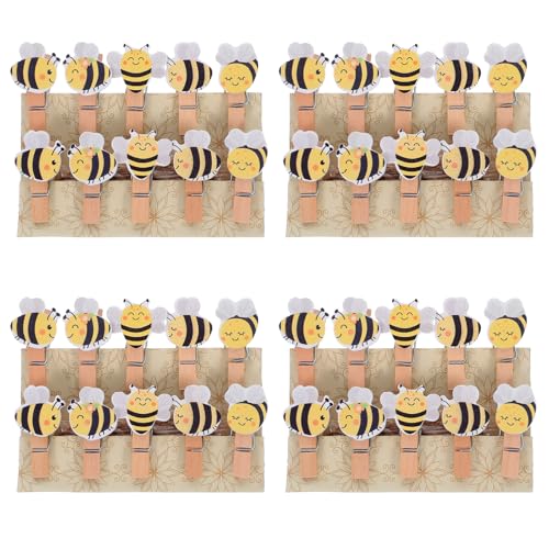 minkissy 50個入り蜂の木製クリップ、ジュート紐付き、かわいい洗濯ばさみ、クラフトクリップ、装飾写真吊り下げペグピン、カード写真アートDIY用品