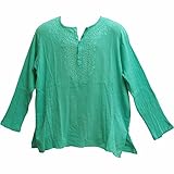 Mens Indian Bohemian Crinkled Gauze Cotton Embroidered Tunic Shirt Kurta Aqua Blue (Large)