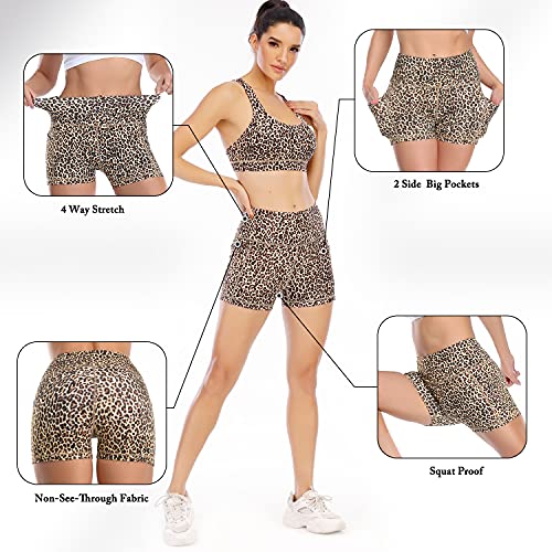 Onydaili Workout Shorts Womens,Biker Shorts For Women High Waist,Yoga Shorts With Pockets For Women Volleyball Gym Leopard Shorts Yellow L D012-Yellow Leopard3''-L #TOP3