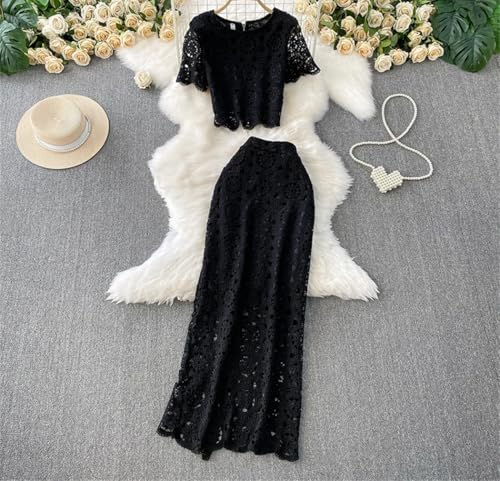 Women Hollow Out 2 Piece Set Round Neck Short Sleeves And Elastic Waist Solid Color Slim Skirt3