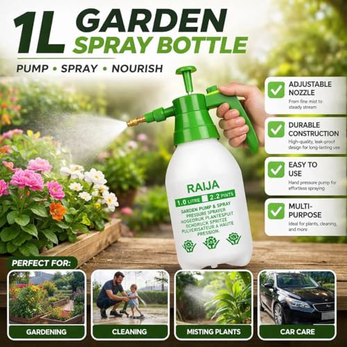 Image of 1 Litre Garden Spray Bottle - Hand Pressure Water Sprayer for Plants, Gardening, Flowers & Home Cleaning | Multipurpose Manual Pump Sprayer with Adjustable Nozzle & Easy Grip Handle