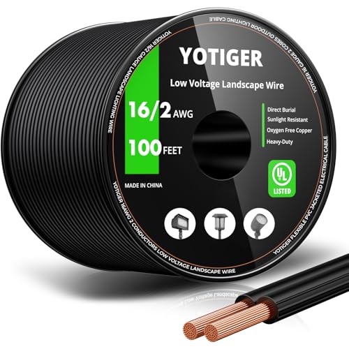 YOTIGER 16 Gauge 2 Conductors Low Voltage Wire 100 Feet - 16/2 Low Voltage Landscape Lighting Copper Wire - 16AWG Outdoor Direct Burial Electrical Wire for Accent, Path, Spot Lights, UL Listed