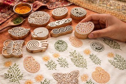 Image of Hashcart | Set of 10 | Religious Shape Wooden Printing Blocks Stamping for Scrapbooking | Kids Project | Art Craft | Handcarved Stamps for Tattoo Print