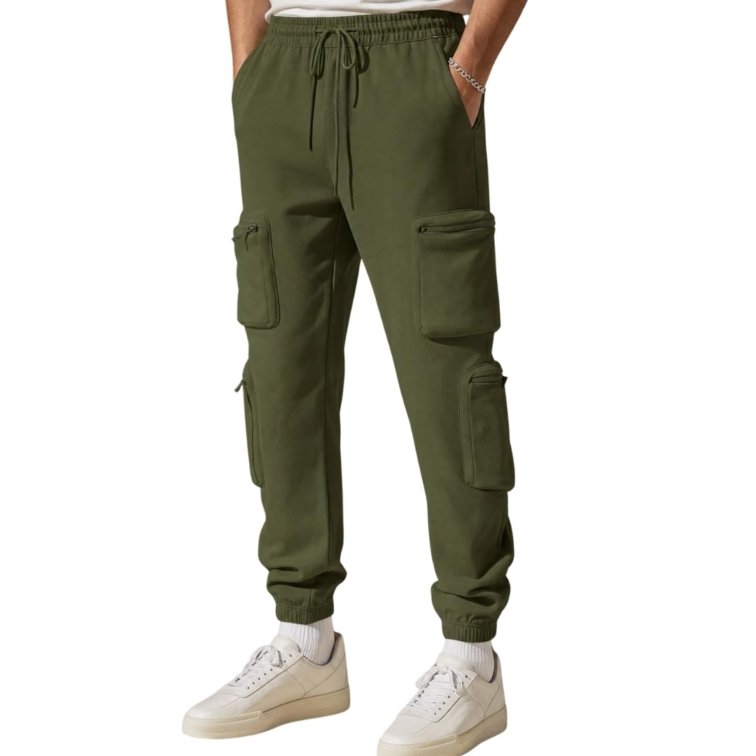 nobero Men's Loose Mid Rise Solid Oversized Cargo Pocket Joggers-picture-13