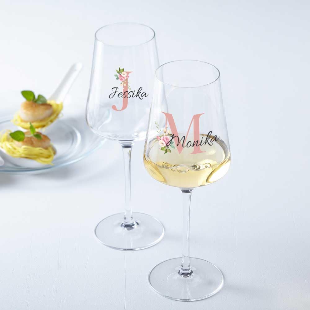 GRAVURZEILE Leonardo Puccini Weinglas mit UV-Druck - Initial Flower - Personalisiert mit Namen & Monogramm - Geeignet für Wein Aperol Sangria und Lillet - Geschenke für Sie & Ihn - Farbe Rosa