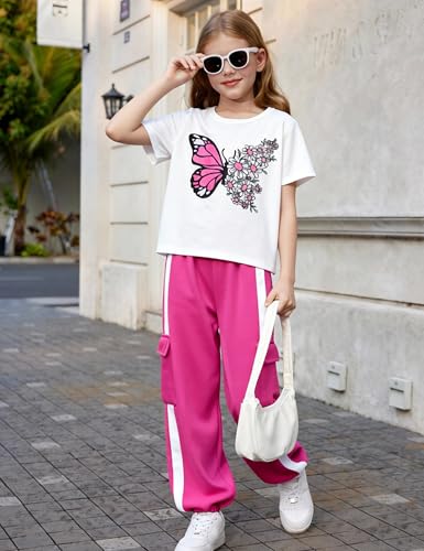 Image of Girls 2 Piece Outfit, Graphic Short Sleeve T-Shirt and Cargo Jogger Sweatpants Set, Ages 4-13