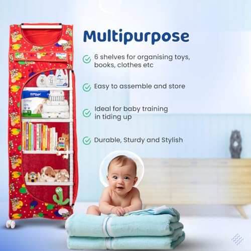 Image of Bumtum Baby Wardrobe Multipurpose 6 Shelve |Foldable Almirah| Baby Wardrobe for Clothes Storage | Baby Wardrobe Cover | Baby Almirah with Wheels (Red)
