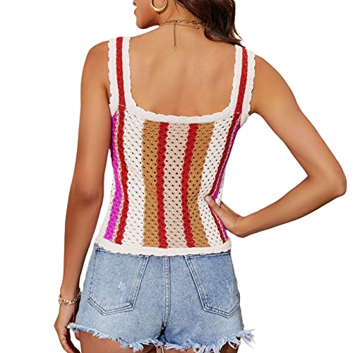 Camiseta de Punto sin Mangas para Mujer Camiseta de Tirantes de Ganchillo sin Mangas para Verano Elegante Camiseta de Tirantes con Bloques de Color Camiseta de Tirantes de Playa a Rayas Casual Tops