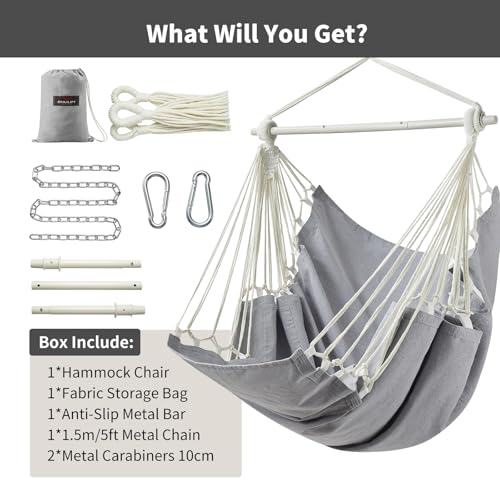 Image of CHULIM Hanging Hammock Chair Swing MAX 500 lbs Outdoor Hanging Chair with Footrest Indoor Swing Chair with Portable Steel Spreader Bar and Hardware Kit for Bedroom Living Room Patio Porch - Grey
