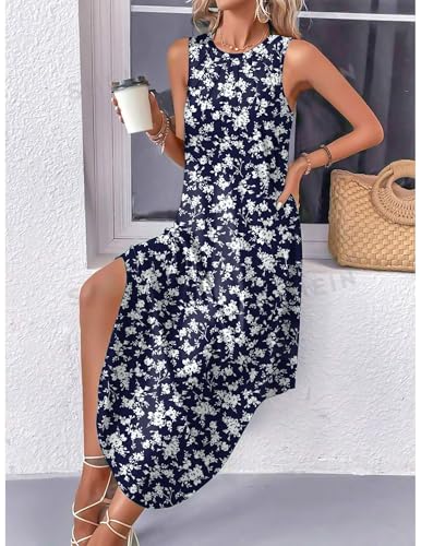 Image of Zeagoo Women Floral Summer Casual Beach Printed Tank Dress with Pockets Pleated Front Long Dress