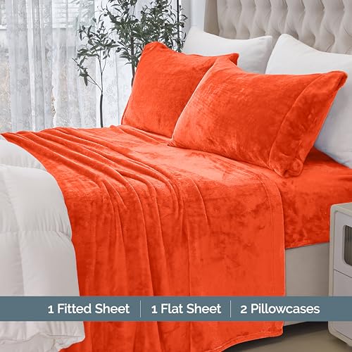 Elegant Comfort Luxuriously Soft 4-Piece Velvet Plush Flannel Sheet Set - Premium Quality - Cozy Warm, Anti-Static, Non Pilling Fuzzy Velvet Flannel Fleece Deep Pocket Sheet Set - Twin, Orange