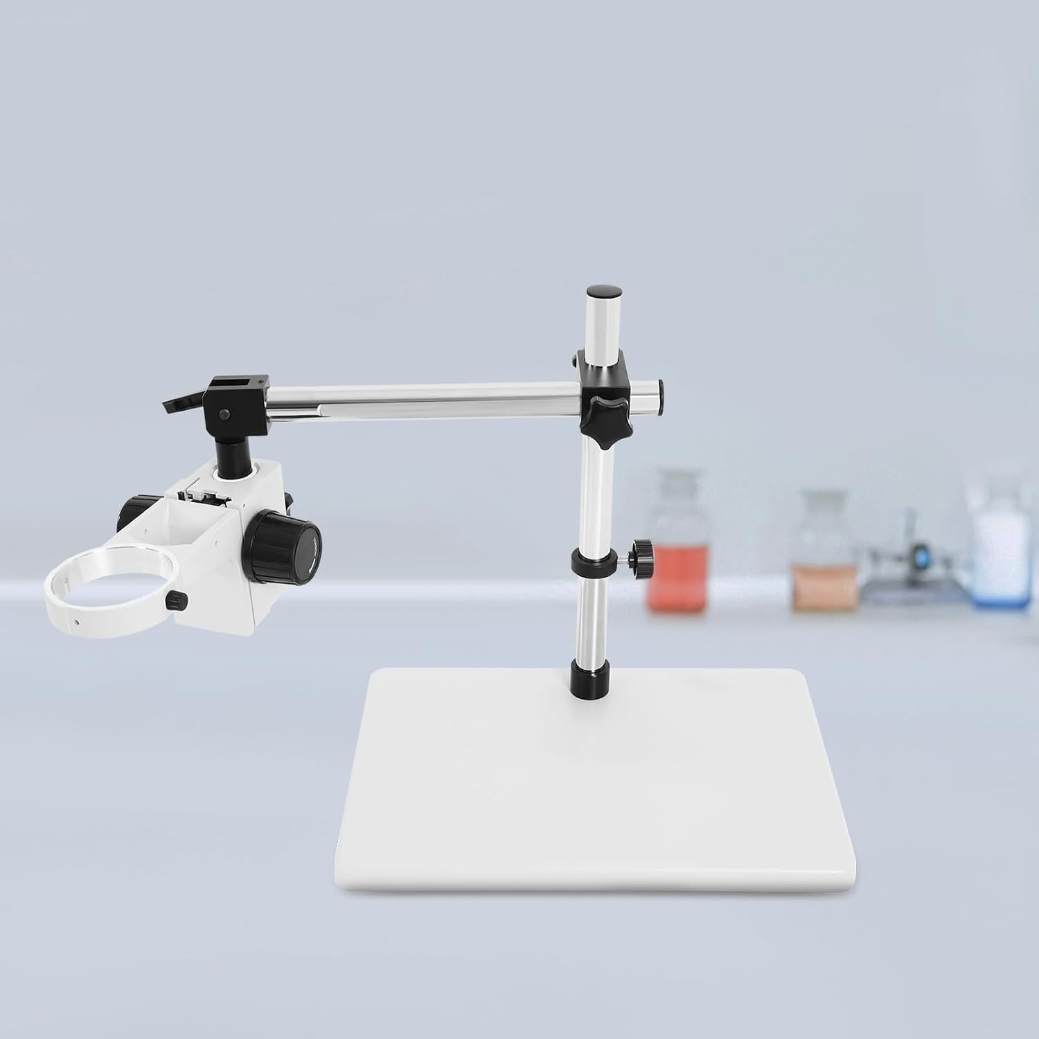 Supporto girevole per microscopio con base robusta e staffa di messa a fuoco, diametro interno di 76 mm, ideale per laboratori e officine.